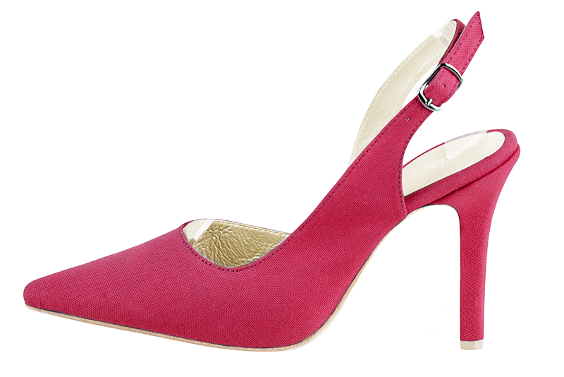 Raspberry red women's slingback shoes. Pointed toe. High slim heel. Profile view - Florence KOOIJMAN
